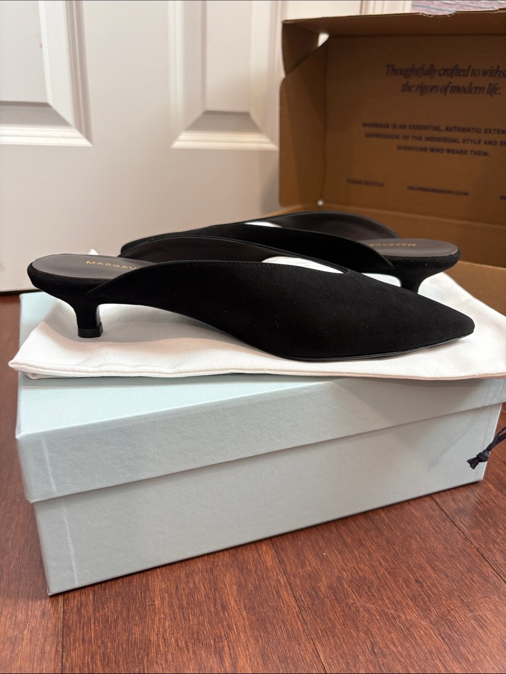 Margaux x Alex Mill Black “The Romy” Suede Kitten Heel Mules
